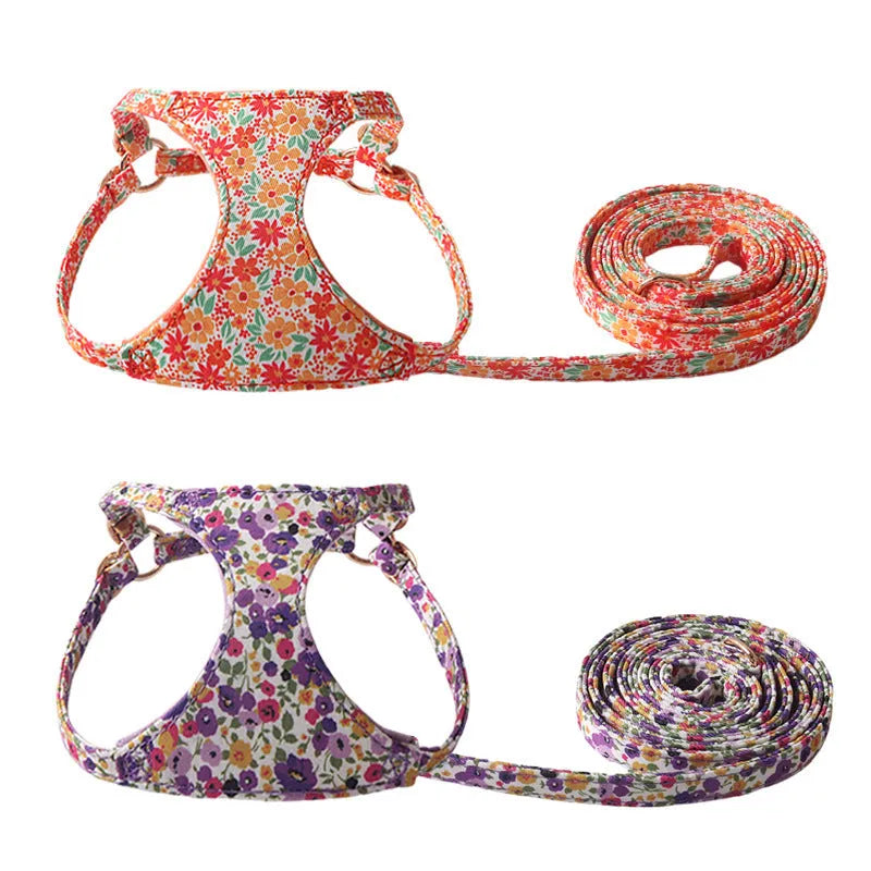 Cloth dog harness and leash set shown in various colours including a floral print, for small dogs.