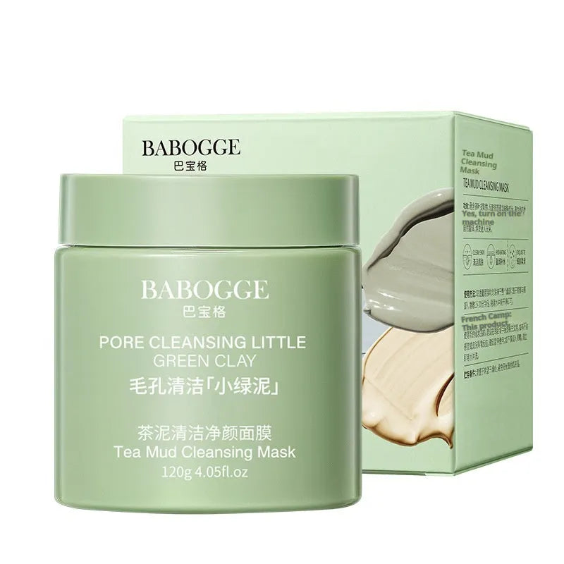 Tea mud cleansing clay mask in 120g container with dry daub applicator