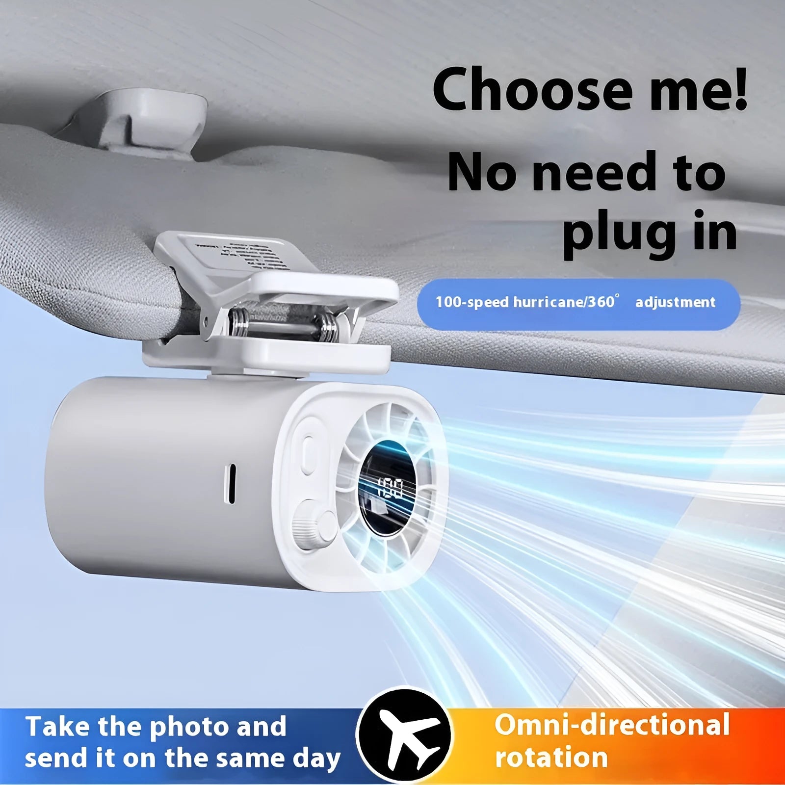 White clip fan with six blades and four speed control, USB powered, on a desk edge
