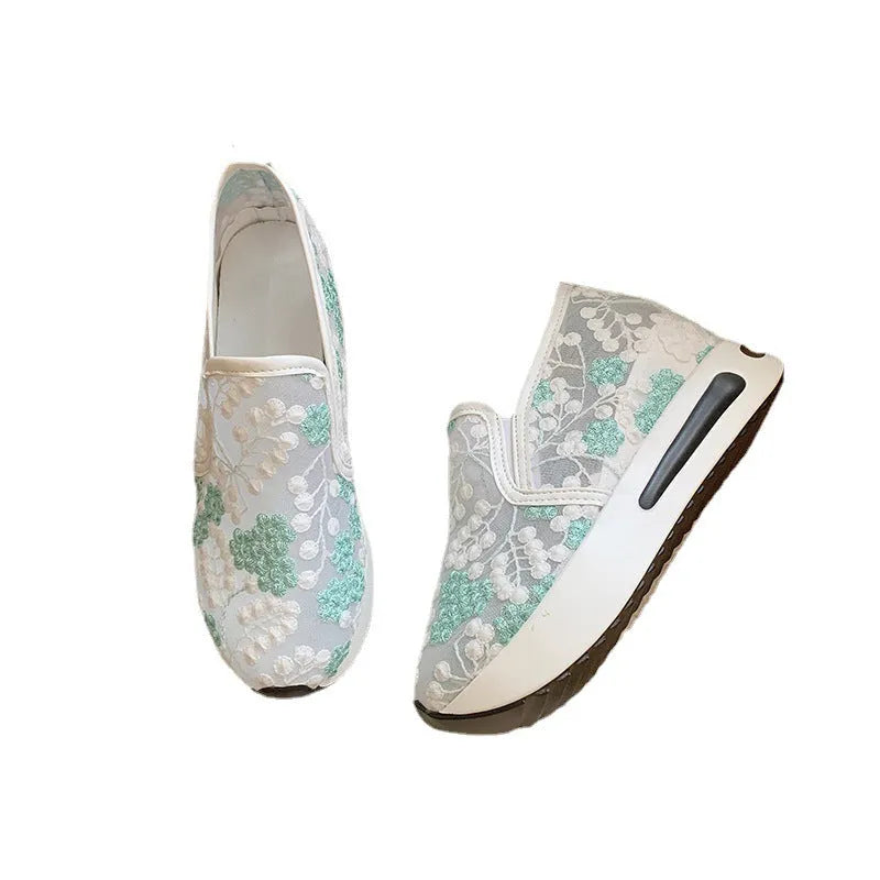 Women's mesh lace high heel sneakers in solid colour with flower pattern, rubber sole, sizes 35-42
