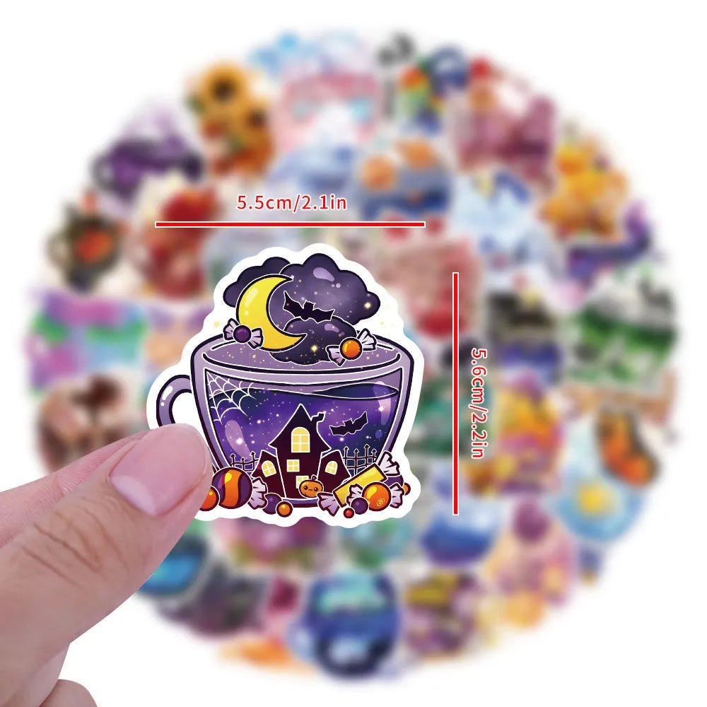 Colourful tea cup graffiti design stickers on scooter and luggage, 50 piece waterproof vinyl pack