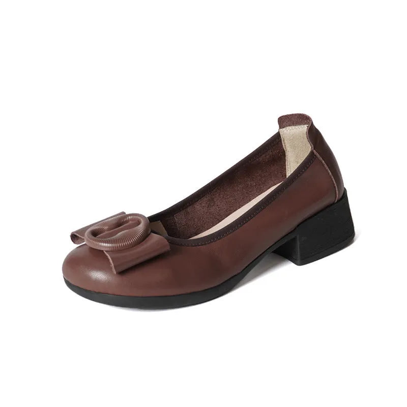 Low-cut genuine cowhide leather women's mid heel slip-on round head pumps in black wedge heel style