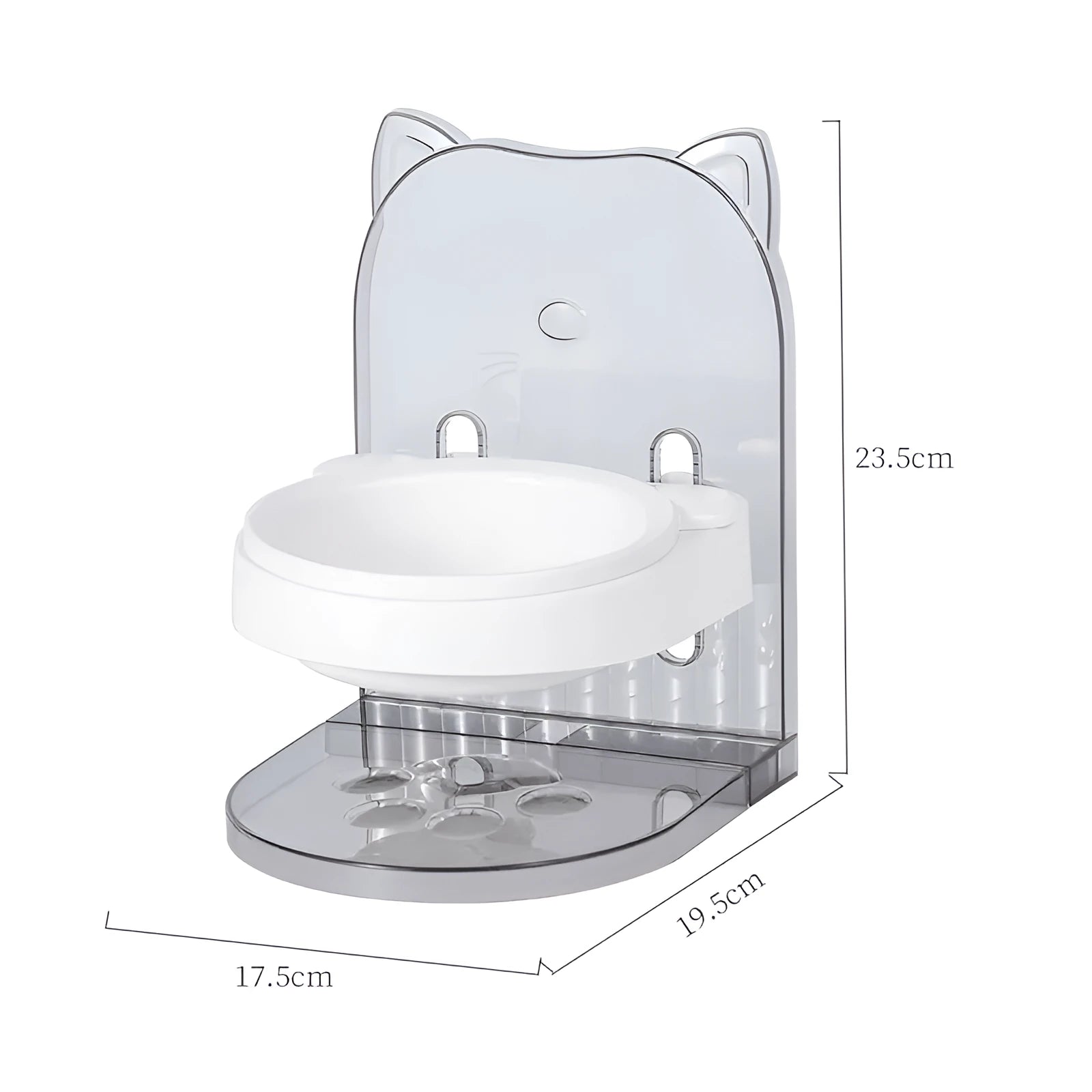 Grey cat feeding bowl with anti-spill neck guard, adjustable height, and removable cage attachment