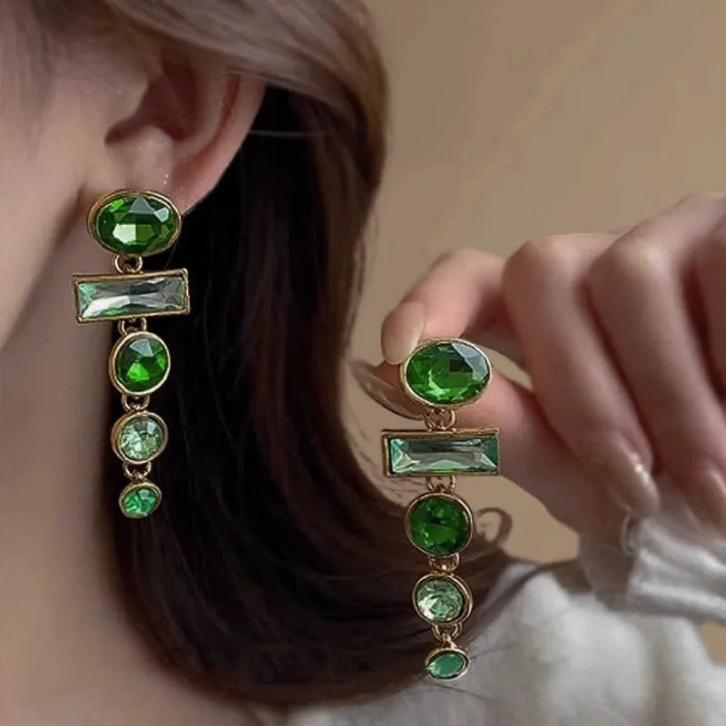 Green gradient tassel earrings with zircon inlaid detail and geometric Chinese retro style