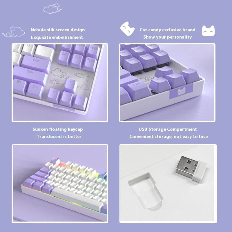 Wireless Bluetooth mechanical keyboard with metal frame in blue white and purple white colour options