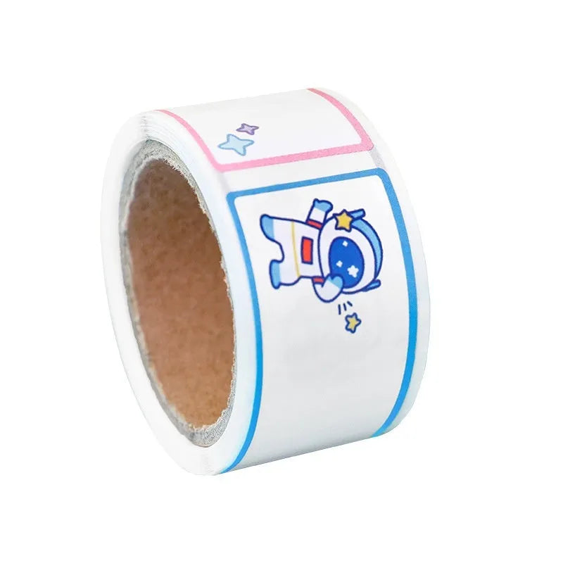 Roll of 60 cartoon name tape stickers showing dinosaur, astronaut, rabbit, and girl design options