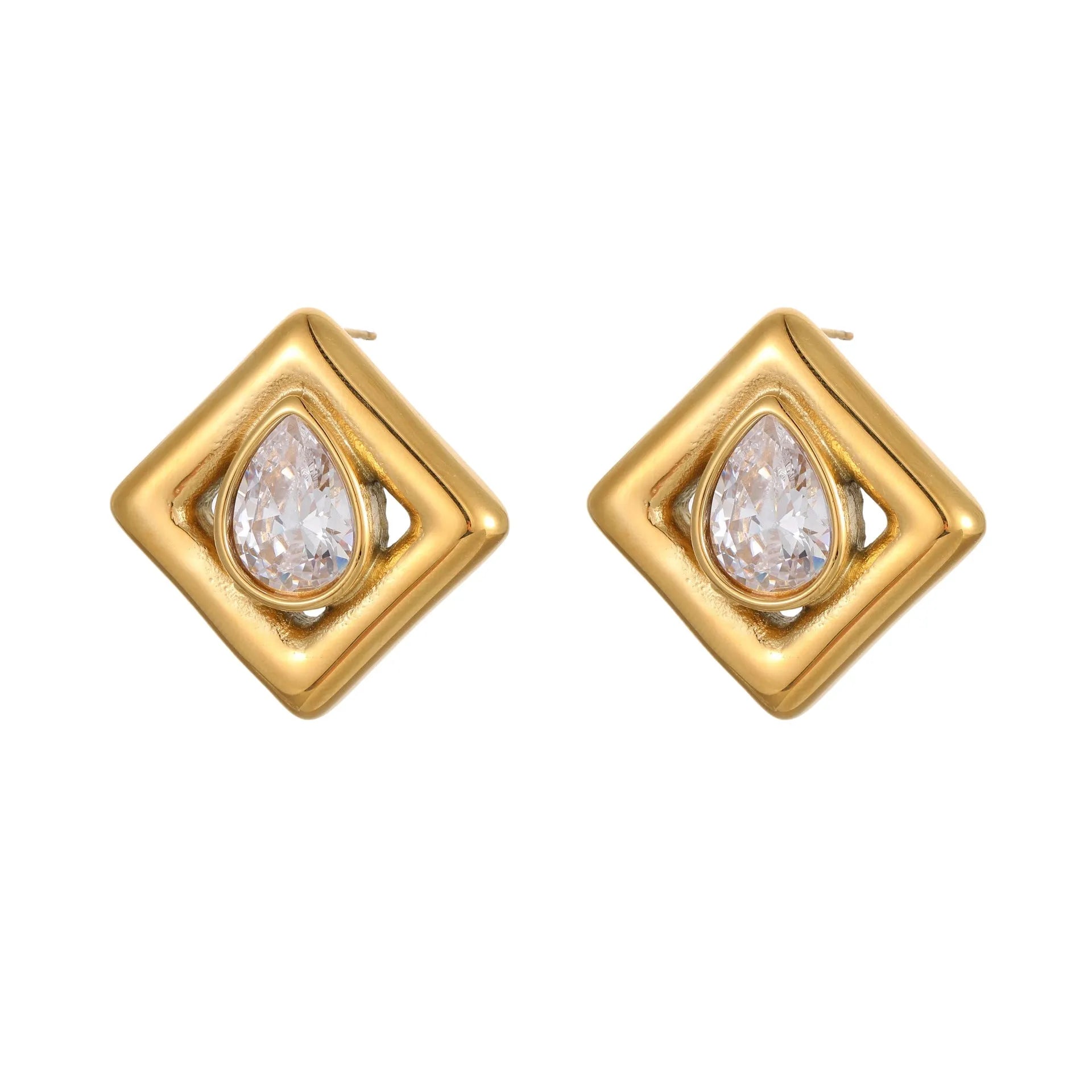 Geometric stud earrings with water drop zircon stones in gold electroplated stainless steel