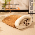 Flannel cat sleeping bag nest in pink Trojan, blue rabbit, or striped pattern, measuring 50cm by 40cm