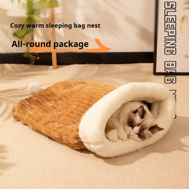 Flannel cat sleeping bag nest in pink Trojan, blue rabbit, or striped pattern, measuring 50cm by 40cm