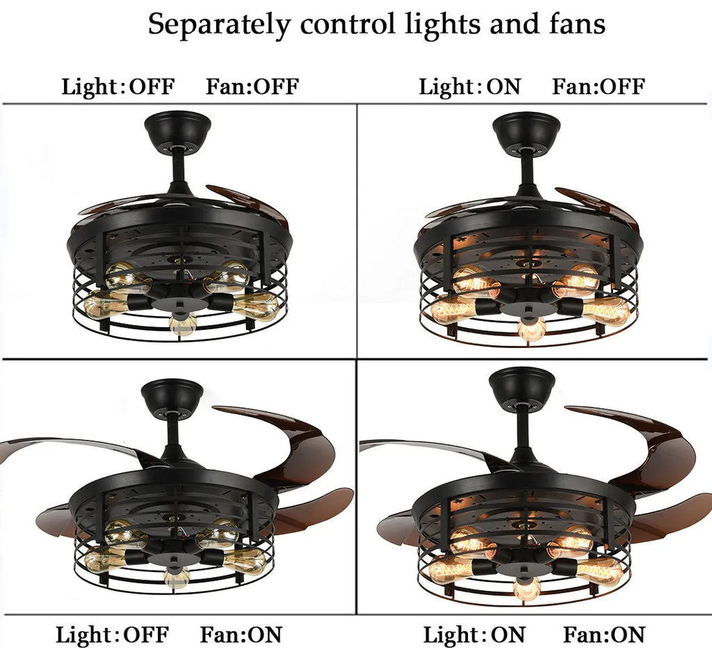 Industrial American retro fan lamp with remote control showing 42-inch diameter and acrylic construction