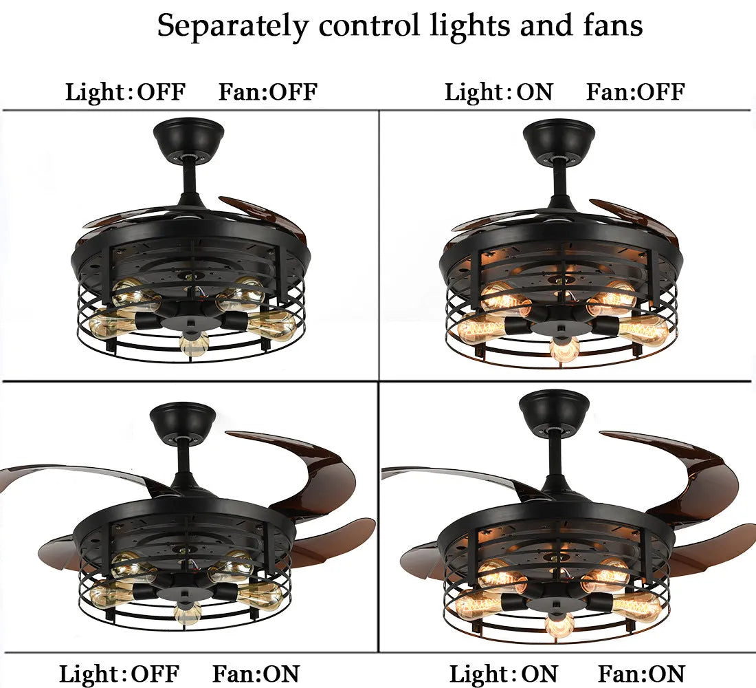 Industrial American retro fan lamp with remote control showing 42-inch diameter and acrylic construction