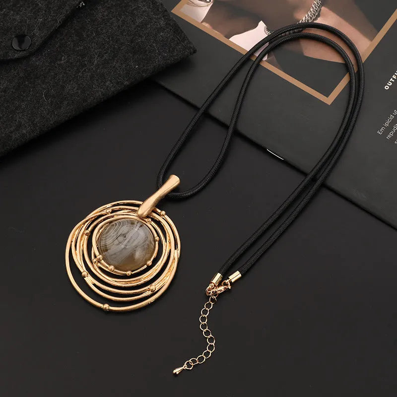Vintage geometric plaid sweater chain necklace with snakeskin wax rope chain in TLN716 gold colour