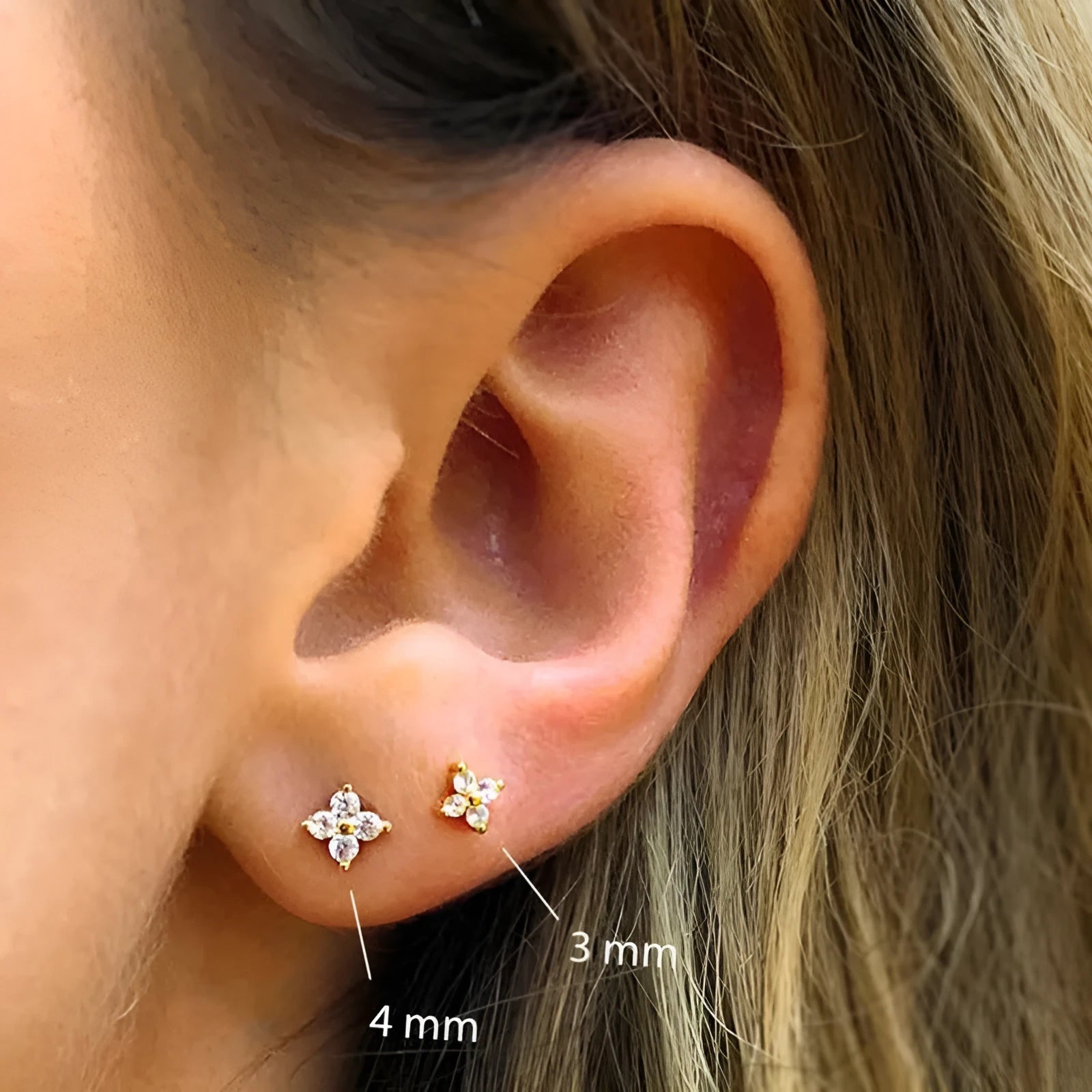 S925 sterling silver petal crystal flowers stud earrings in gold and platinum plating, showing 2.5mm, 3mm, and 4mm sizes