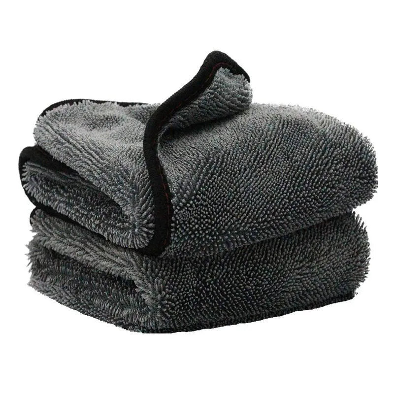 Grey 40x40cm square microfiber car wash and drying towel laid flat.