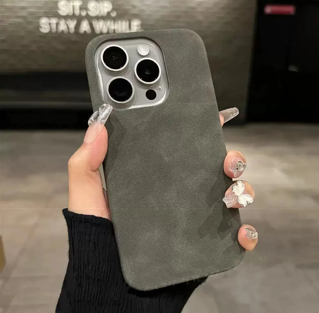 Suede phone case for iPhone, shockproof imitation leather cover with frosted finish, solid colour options