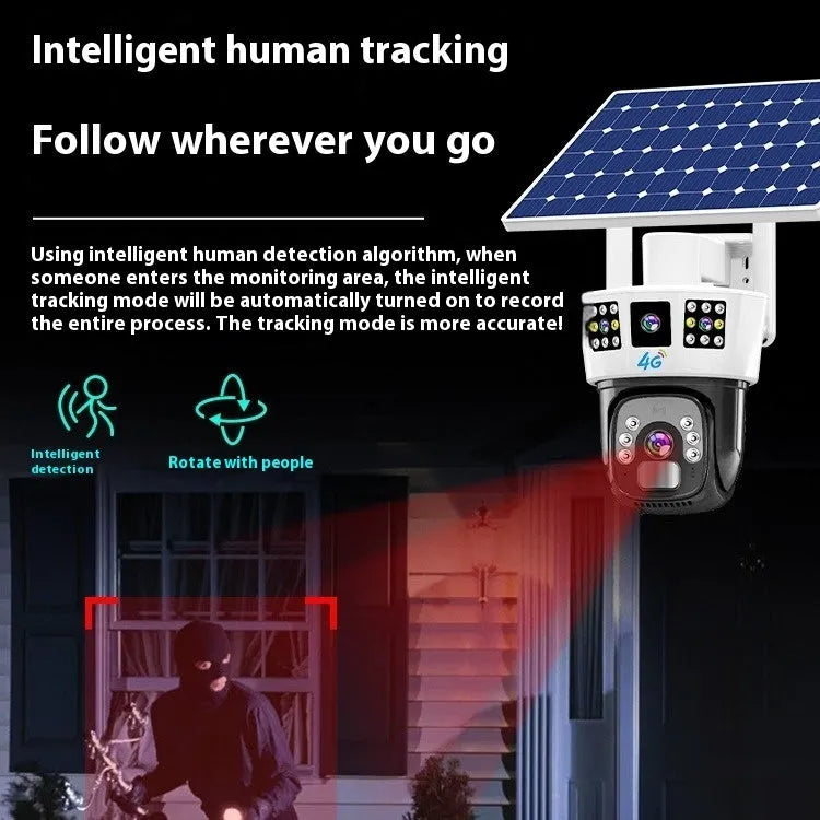 Solar binocular three-screen surveillance camera with solar panel for outdoor security monitoring