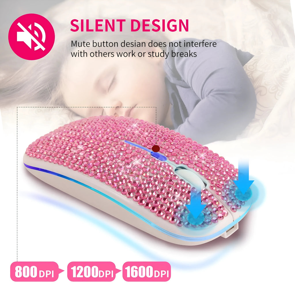 Rechargeable mute crystal rhinestone mouse in silver on desk, with USB charging cable