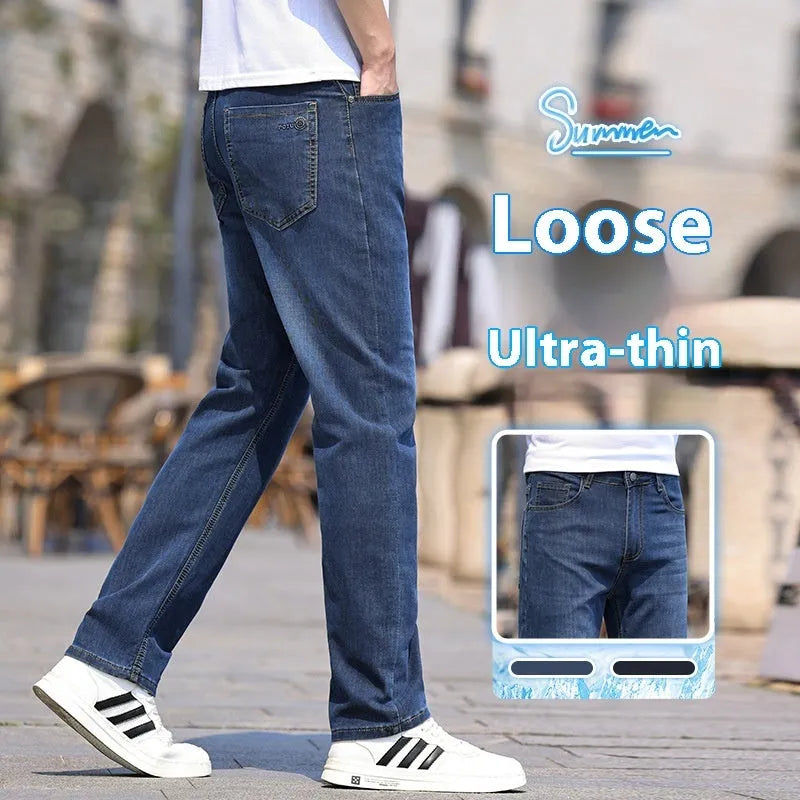 Men's Cotton Stretch Denim Casual Long Pants Straight Type Business Trousers 707 Blue Blue Gray Sizes 29-40