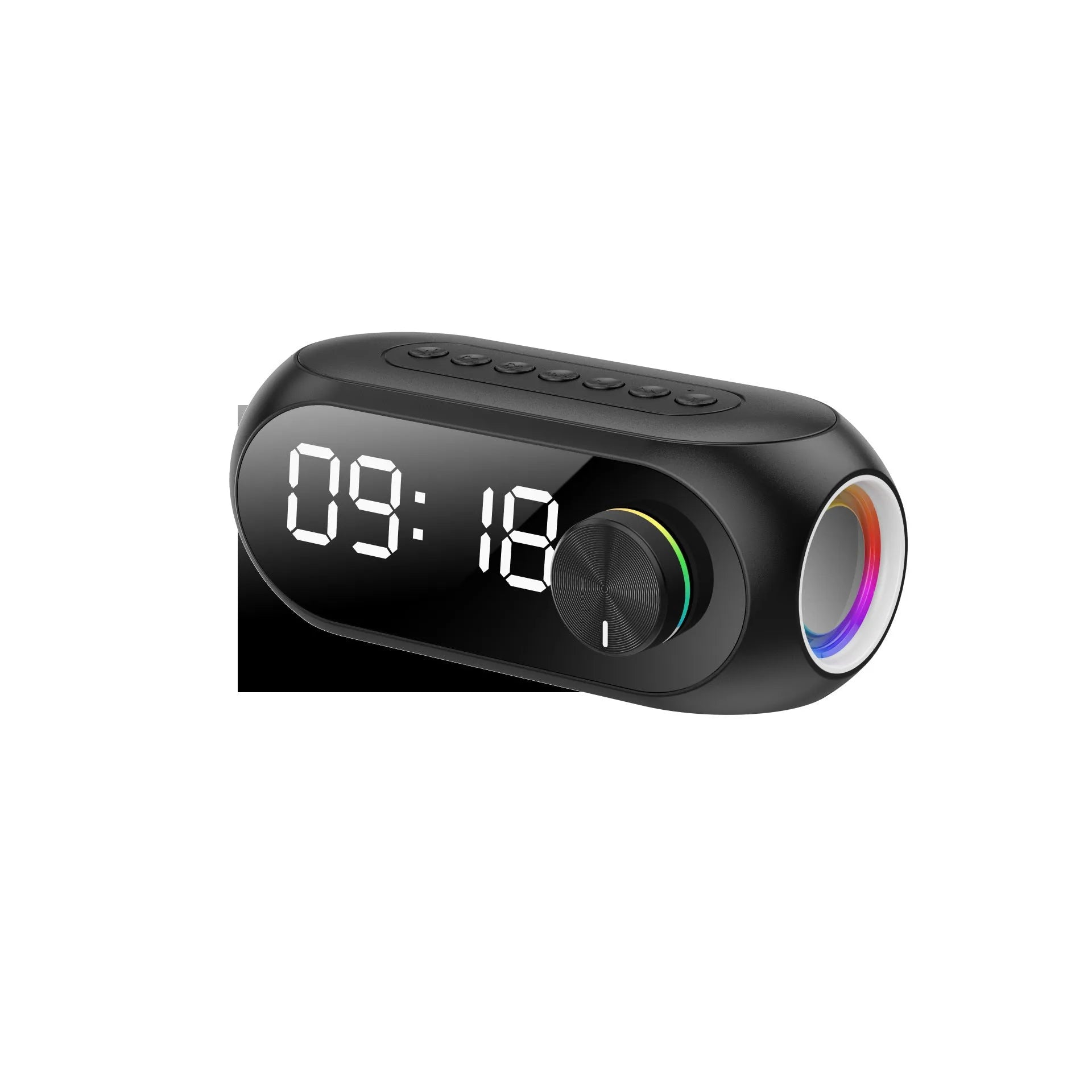 S8 Black portable Bluetooth speaker with digital clock display on front