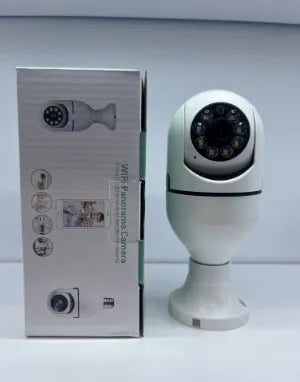Wireless bulb camera with plastic and metal housing measuring 5cm by 12cm for indoor and outdoor monitoring