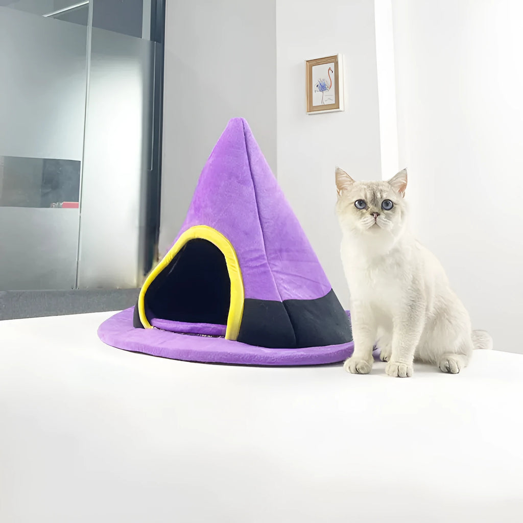 Purple Halloween witch hat shaped cat bed for cats with soft cloth fabric