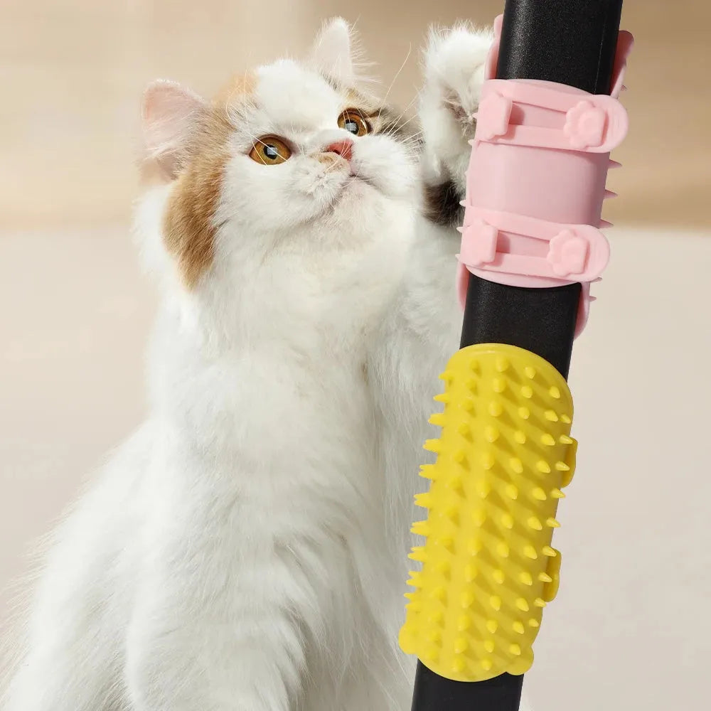 Adjustable silicone cat scratching brush mounted on table leg with rounded comb teeth for grooming