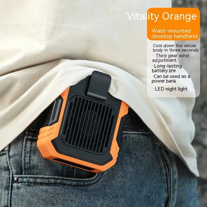 Green wrist hanging personal fan with blades, LED light, and USB charging port on a strap.
