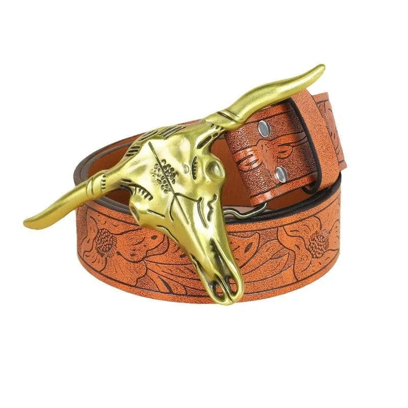 Men's brown imitation leather belt with a detailed electroplated alloy cow head buckle.