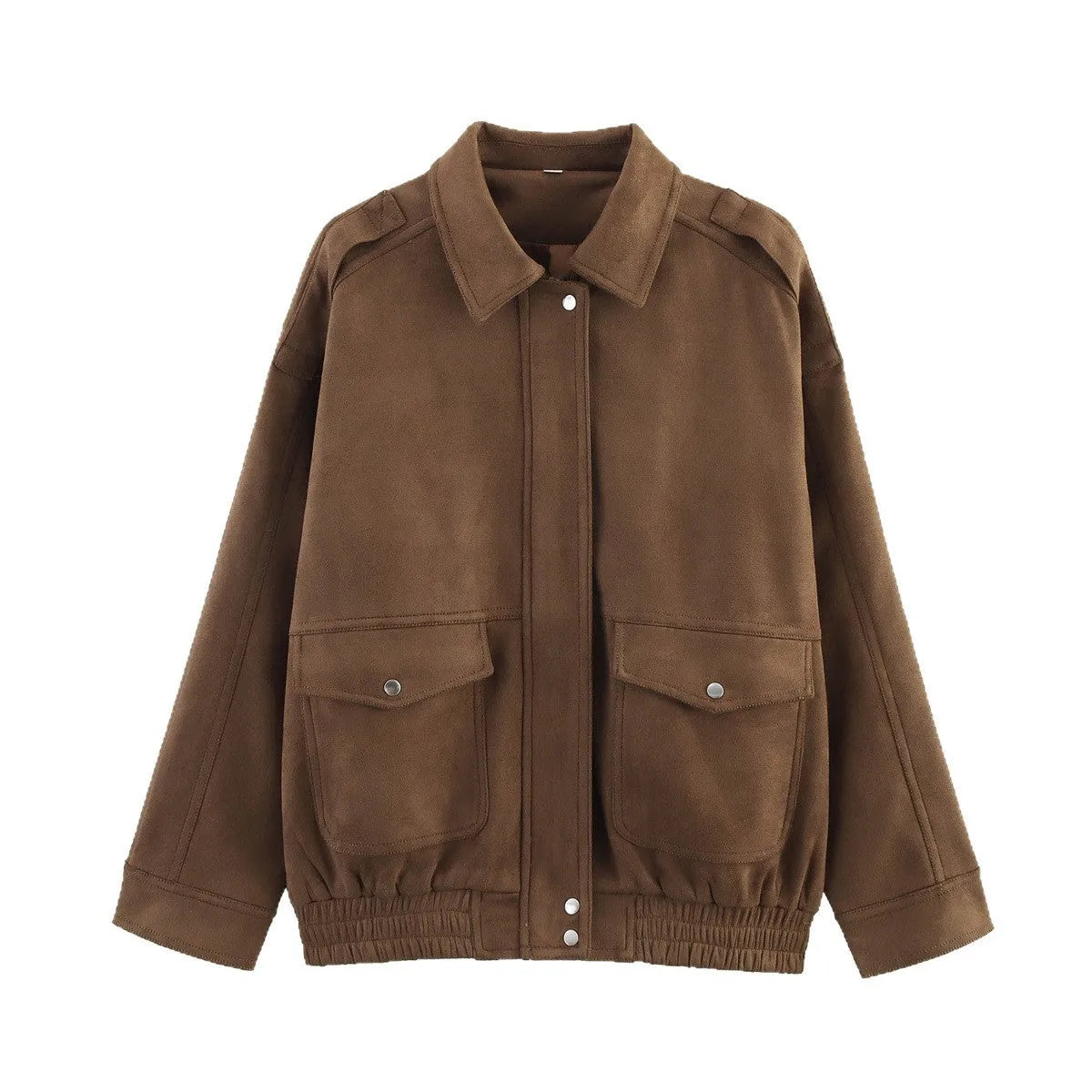 Casual suede textured jacket with pocket decoration, loose fit, long sleeves, brown and khaki colours, front view