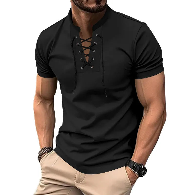 Men's V-neck V-tie casual summer top in solid colour, short sleeve, loose fit, polyester
