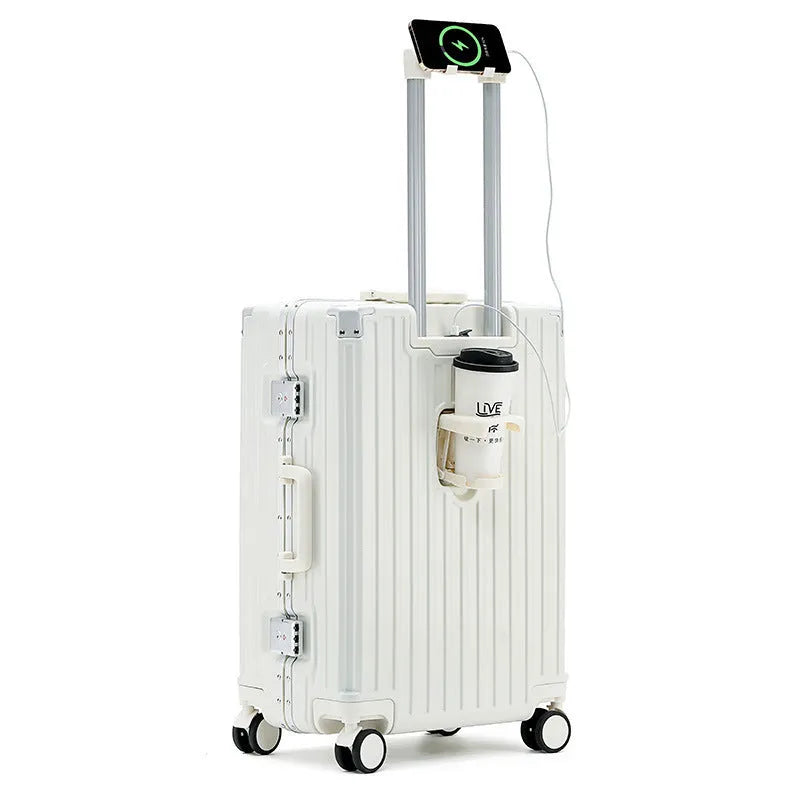 Aluminium frame trolley suitcase in avocado green with wheels and a USB port.