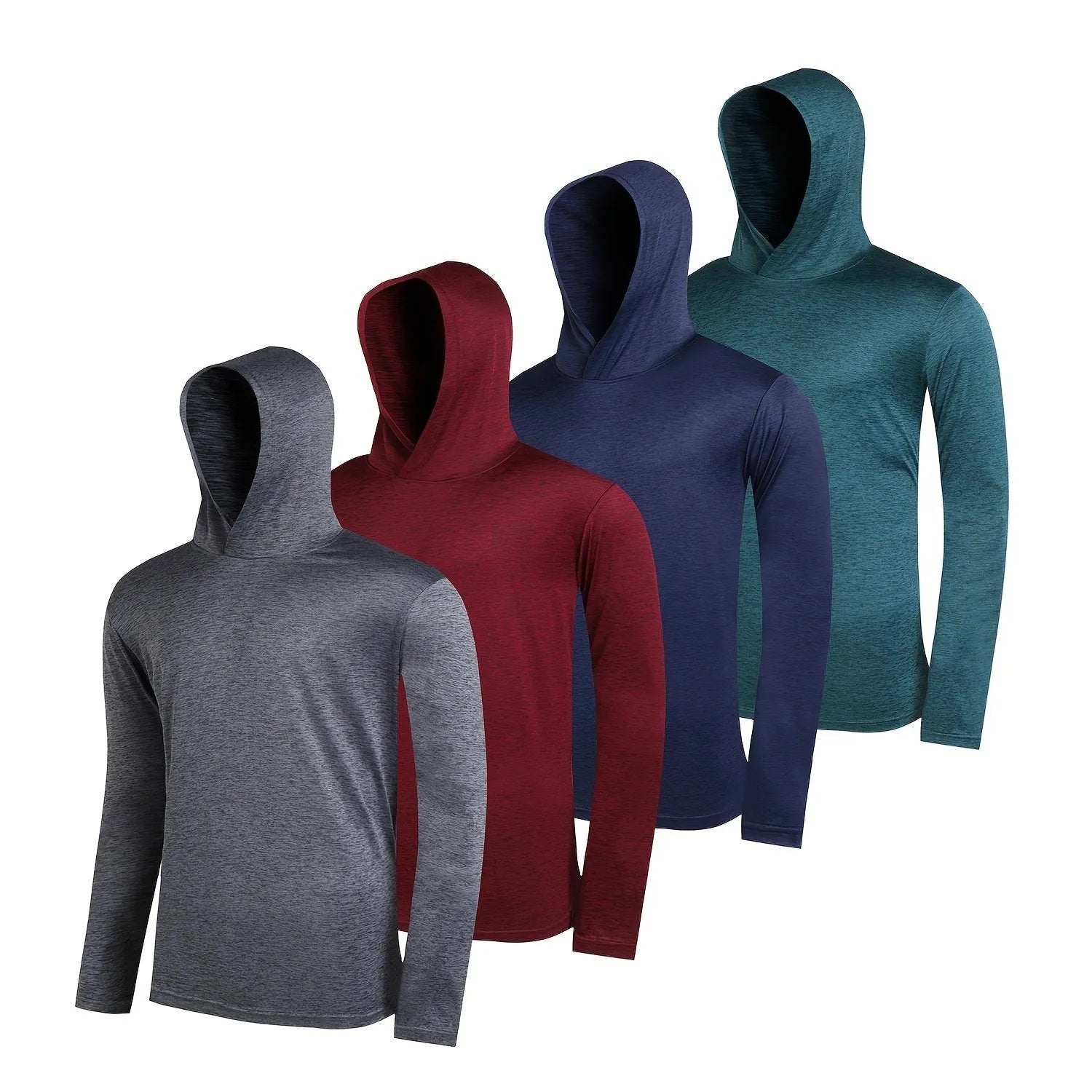 Four-pack of men's lightweight polyester hoodies in assorted colours on hangers