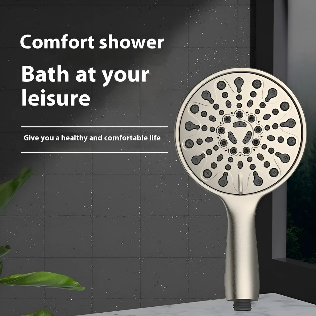 Six-function handheld shower head with 6-inch diameter and electroplated finish showing spray selector