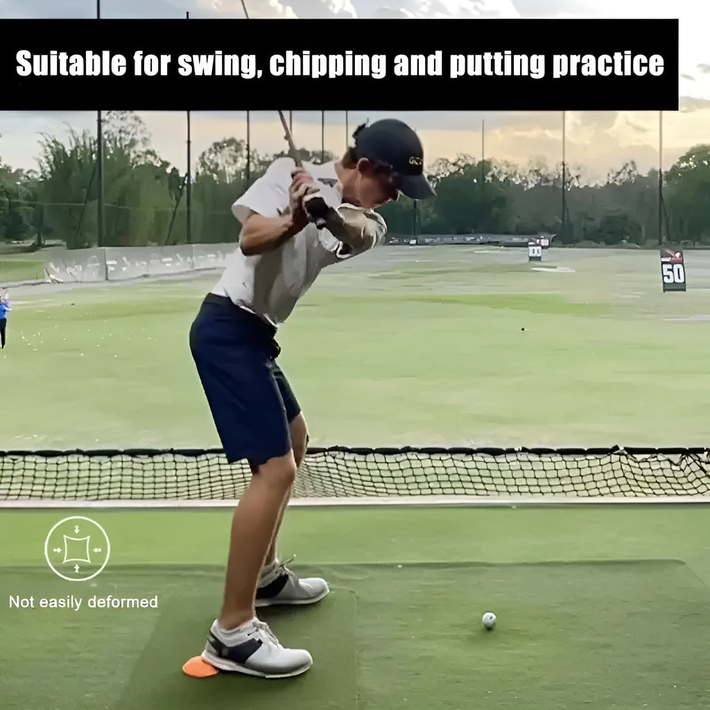 Orange golf training mat with centre of gravity zone for swing strength practice