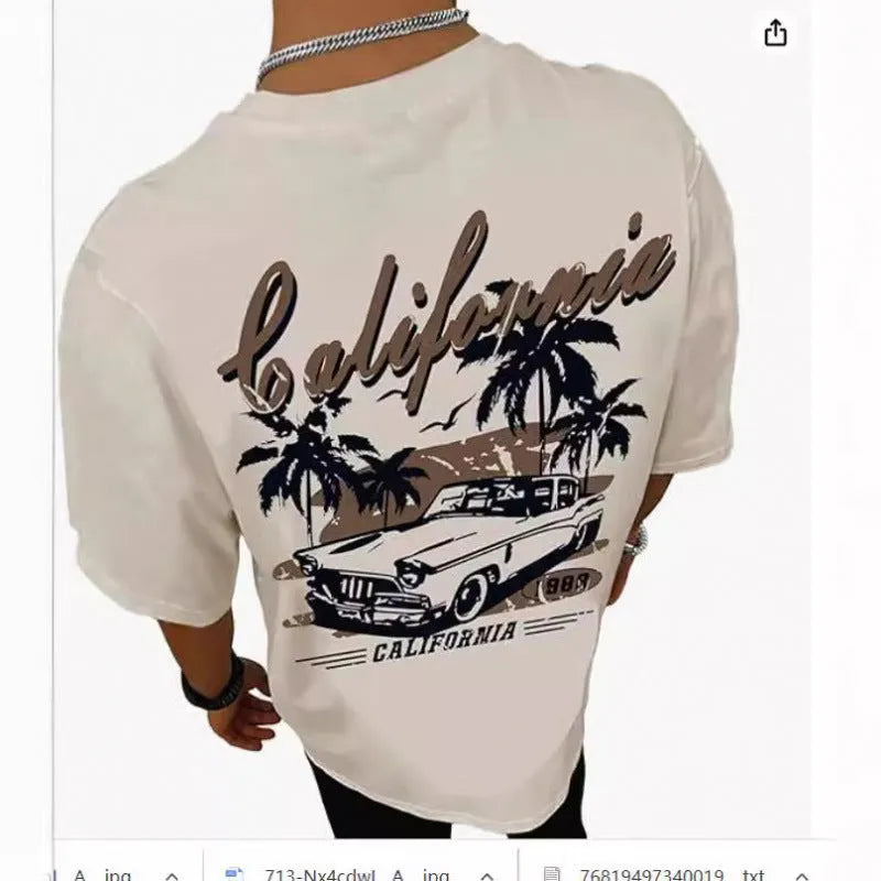 Men's printed short-sleeve casual sports T-shirt showing digital pattern design on polyester fabric.