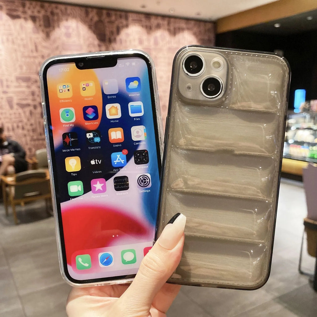 Transparent black TPU phone case with air cushion edges and down jacket pattern for iPhone 15 Pro Max