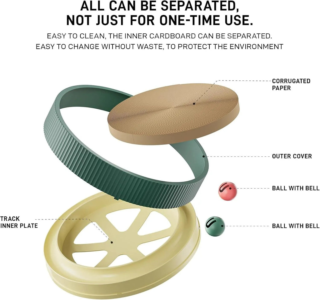 Large circular green cat scratching board with ball track toys and removable centre section