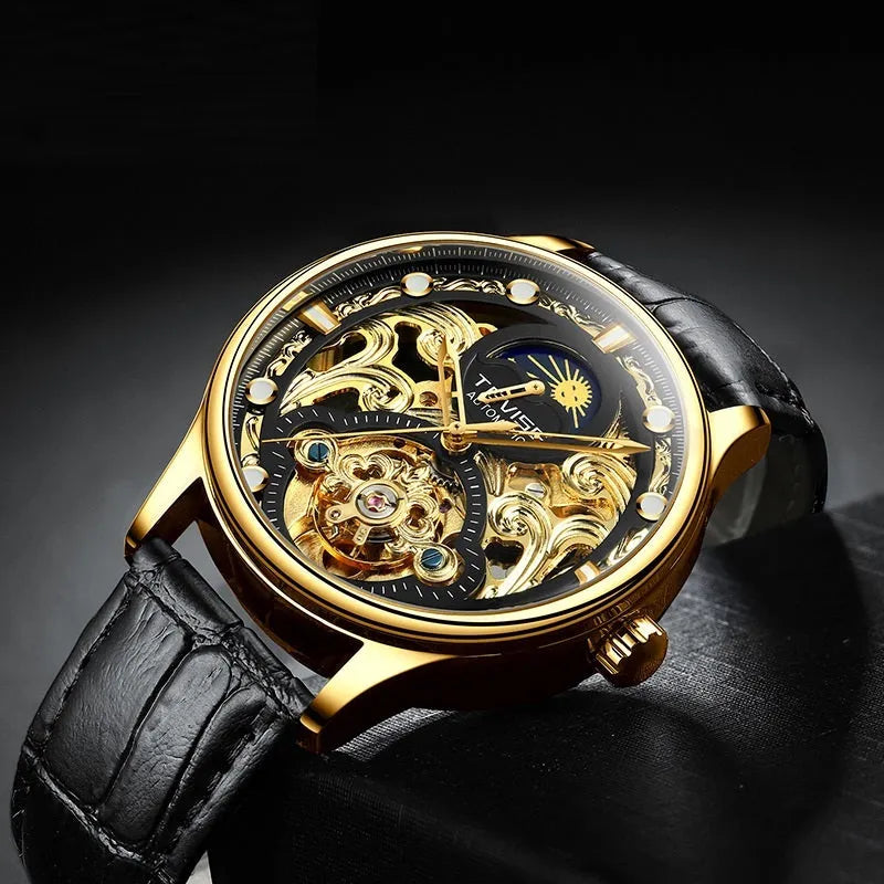 Men's automatic mechanical watch with leather strap showing luminous hands and clear dial markings