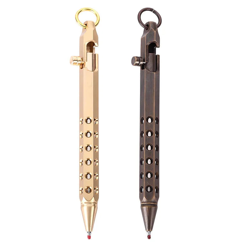 Brass hexagonal retro bolt pen with a 0.5mm tip shown next to a refill.