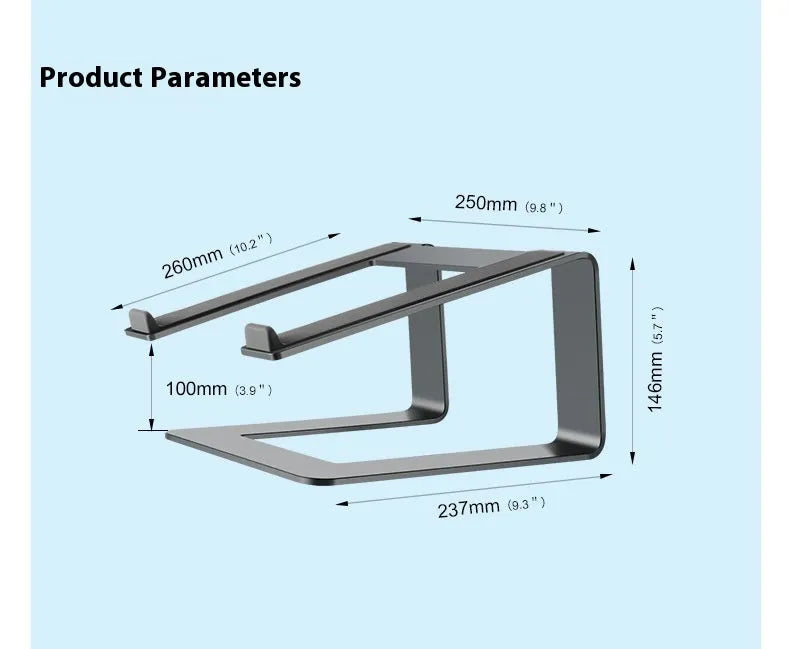 Black aluminium alloy foldable laptop stand with adjustable tilt on desktop
