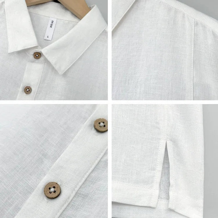 Men's loose fit linen summer top in gray green with short sleeves and thin lapels