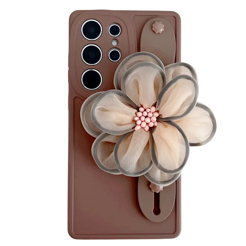Silicone frosted wrist strap bracket phone case for Samsung Galaxy in brown and dark purple colour options