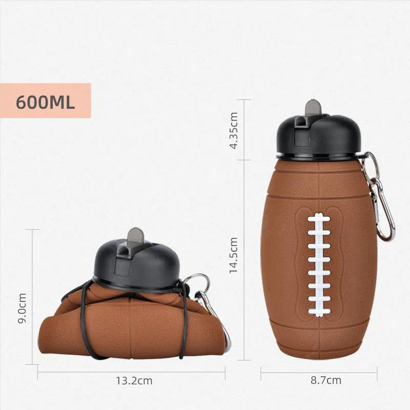 Brown collapsible sports water bottle in rugby ball shape with 600ml capacity and non-slip silicone grip
