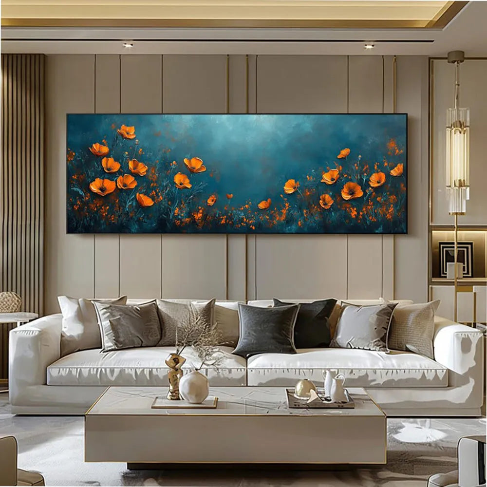 Abstract floral hand-painted oil painting on canvas, unstretched and frameless, shown in a horizontal orientation, suitable for home wall decor.