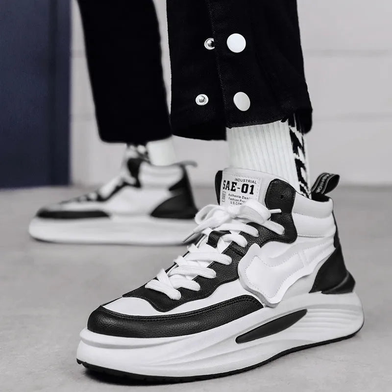 Men's black and white platform high-top board shoes with round toe and artificial PU upper