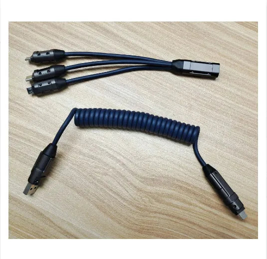 240W spring telescopic fast charge data cable with aluminium alloy body, Micro USB and Type C ports, 1m length