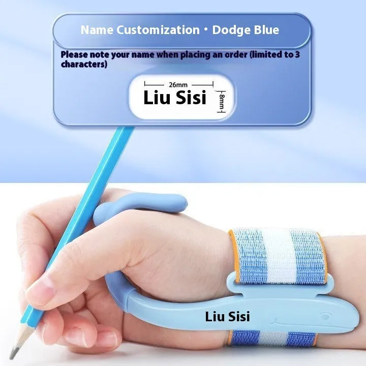 Blue Anti-hook Holder Pen Control Corrector, a wrist brace and pencil grip for children's handwriting.