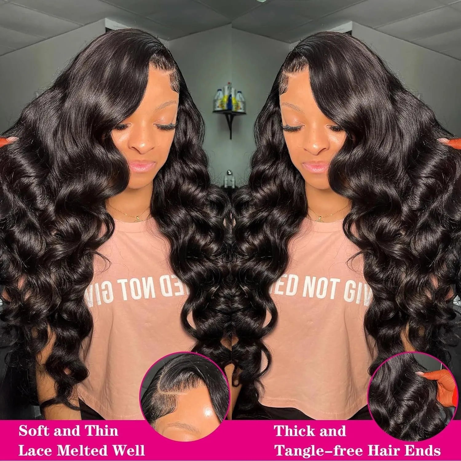 A woman modelling a black synthetic wig with medium-long curly waves and a natural hairline.