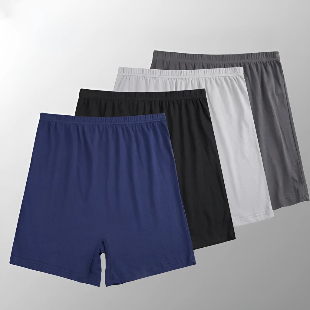 Men's solid colour modal boxers in black, blue, grey, and brown with high waist design