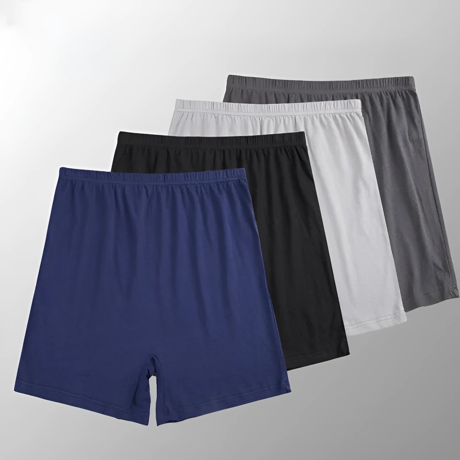 Men's solid colour modal boxers in black, blue, grey, and brown with high waist design